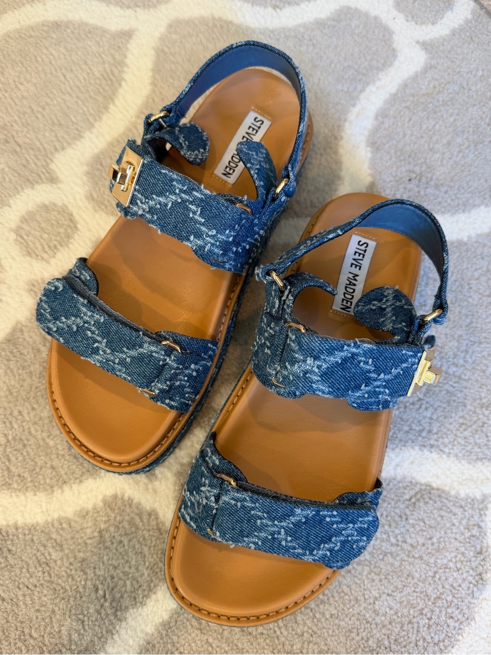 Steve Madden Bigmona Denim-Embroidered Flatform Sandals Size 9